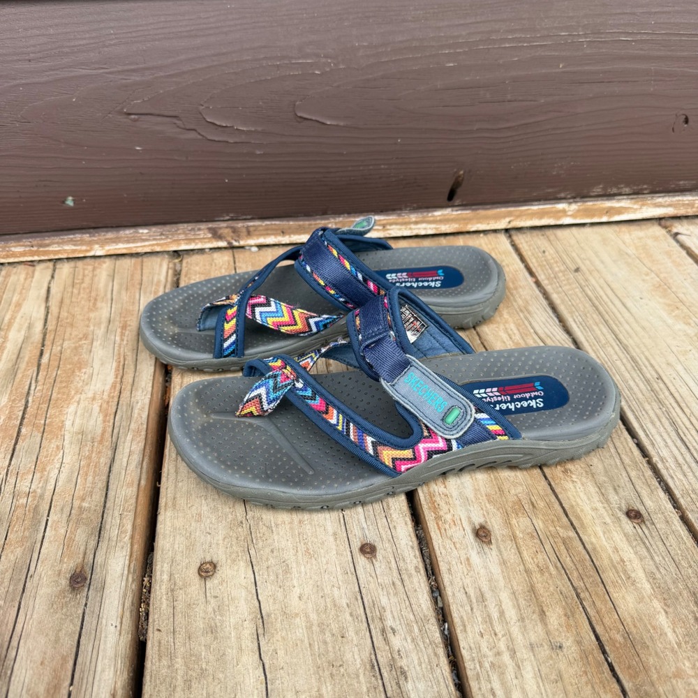 Skechers Reggae Zig Swag Sandals Womens 7 Navy Blue Multi Color Zigzag Strappy